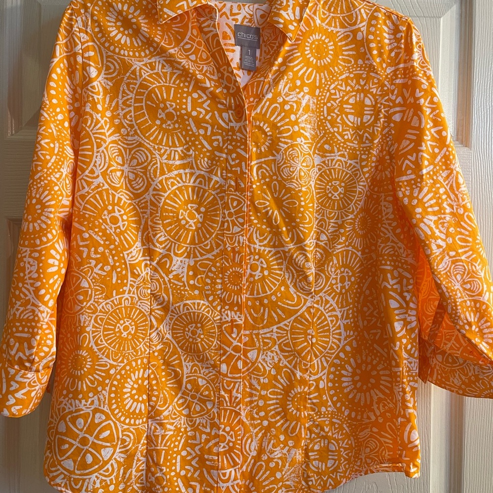 Chico's Orange and White Patterned Button Down Shirt 1